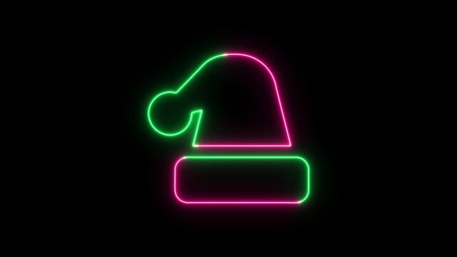Neon santa hat icon with glowing pink and green light lines on a dark background