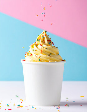Soft serve vanilla ice cream in white paper cup with colorful rainbow sprinkles, fun cheerful dessert concept, tasty sweet food. Close-up.