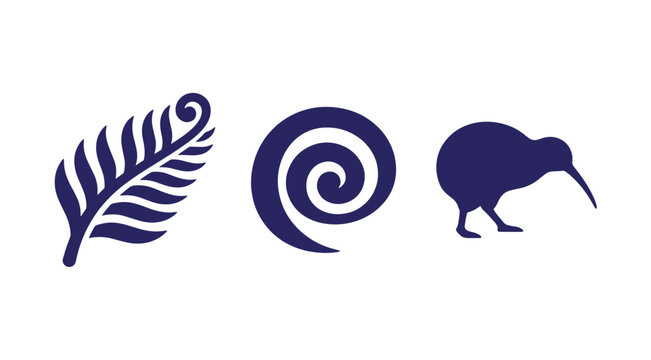 New zealand national symbols including fern leaf koru and kiwi bird silhouette graphic icon set with silver fern silhouette national wildlife pasifika collection illustration