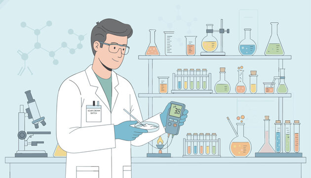Laboratory scientist in a white coat examines a sour cream sample using a ph meter while standing in front of various chemical flasks.