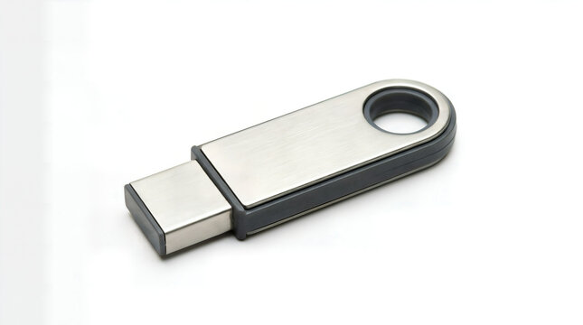 Metallic usb flash drive with black casing on a white background