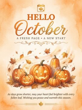 Warm autumn greeting card with jackolanterns and seasonal welcome message for october