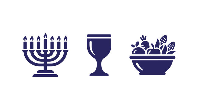 Jewish traditional symbols featuring menorah wine cup and bowl of produce religious symbols blue graphic vector icons holiday icons festive elements vegetables hanukkah