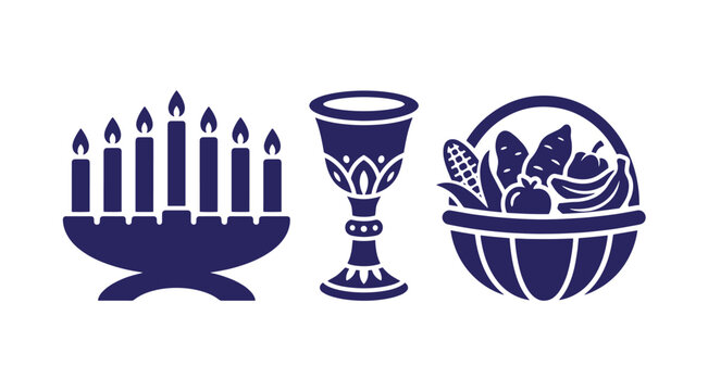 Jewish holiday symbols including menorah candles goblet and basket of harvest fruits with religious symbols blue graphic vector icons festive elements cornucopia hanukkah