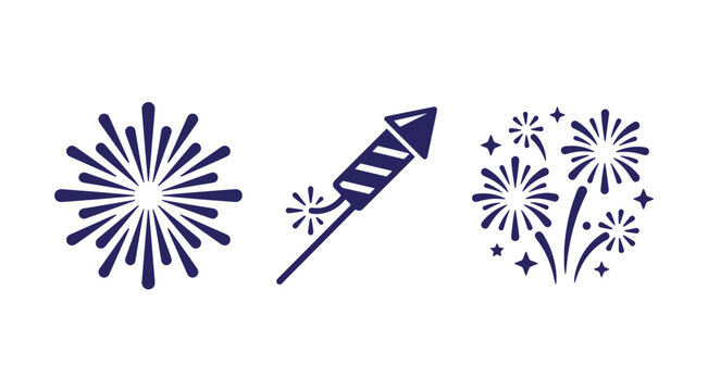 Set of blue fireworks and firecracker vector icons for celebration and holidays with fireworks burst firecracker rocket starry fireworks holiday fireworks party elements