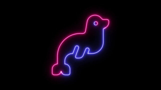 Neon glowing sign icon of a cute sea lion on a black background