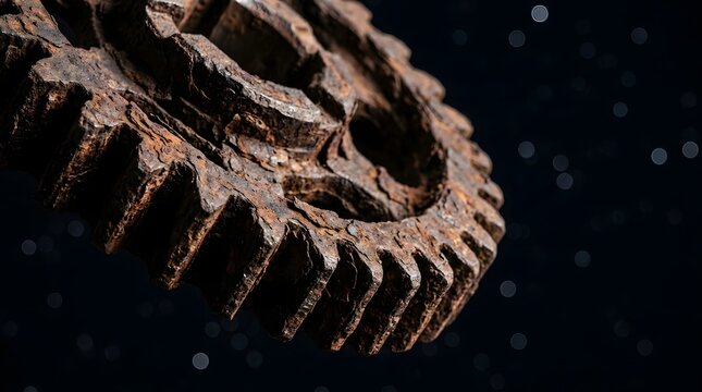 Rusty iron gear wheel floating in outer space environment illustrating mechanical decay and industrial obsolescence