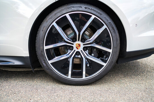 Leicester, United Kingdom - September 03 2026: Porsche alloy wheel with Hankook tire on a luxury car