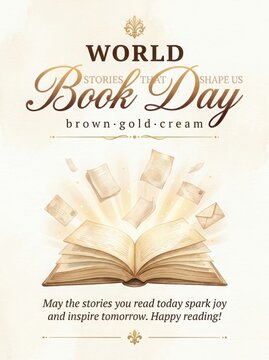 World book day celebration with open book and floating pages design