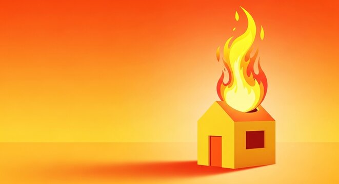 Illustration of a small house on fire with bright flames and a gradient orange background symbolizing danger and emergency situations in a vivid style