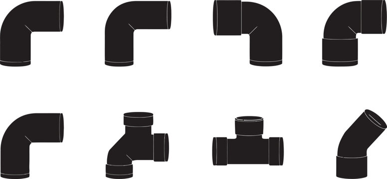 Black PVC Pipe Fitting Vector Set, Industrial Plumbing Connectors, Elbows and Tee Junction Icons for Construction and Engineering Design Projects, High-Quality Silhouette Illustrations
