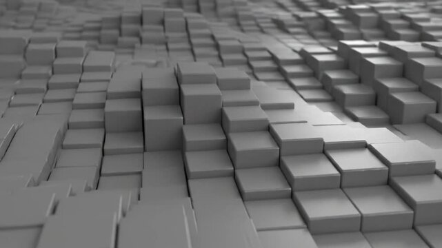 Abstract gray cube landscape flowing smoothly with geometric texture and shifting light creating a digital art motion.