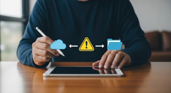 Protecting digital assets a person interacts with security icons on a tablet ensuring data integrity and privacy