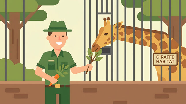 A smiling zookeeper feeds fresh leaves and a carrot to a giraffe inside its habitat