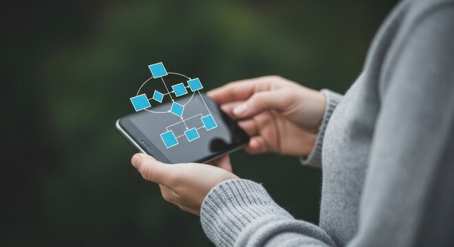 A person interacts with a vibrant futuristic holographic projection emanating from a mobile device showcasing advanced technology