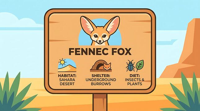 Educational sign illustration featuring a fennec fox with facts about its desert habitat, shelter, and diet