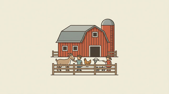 Two children petting farm animals in front of a rustic red barn