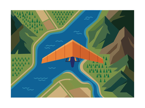 Orange hang glider flying over river and mountains
