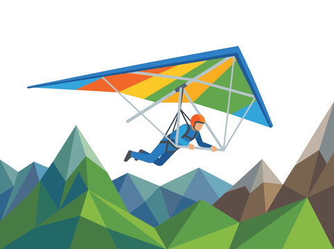Hang glider pilot flying over geometric mountains