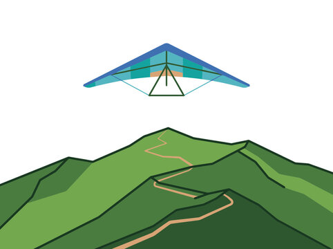 Hang glider flying over green mountains with path