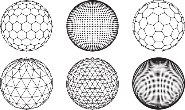 Geometric sphere collection, featuring hexagonal, triangular, and dotted grid patterns