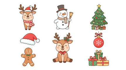 Fototapeta premium Cute Christmas Vector Art Set With Reindeer Snowman Tree And Santa Hat Isolated On White Background