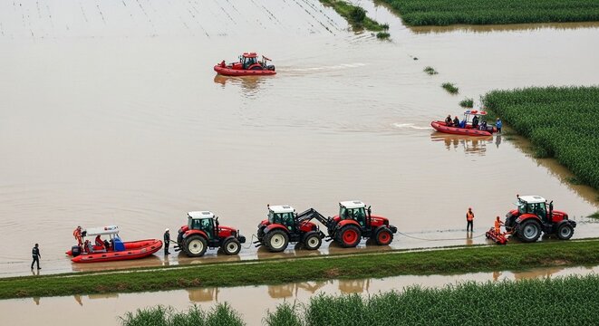 Emergency rescue operation with tractors and boats amidst widespread flooding in a rural agricultural landscape