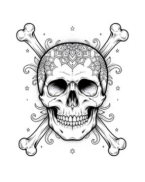 Detailed hand drawn human skull with crossbones and floral mandala ornaments vector illustration crossbones skeleton illustration monochrome ornament
