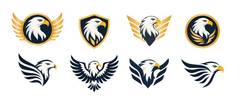 Mega collection of eagle head and flying bird emblems including circular, shield, and wing styles vector design