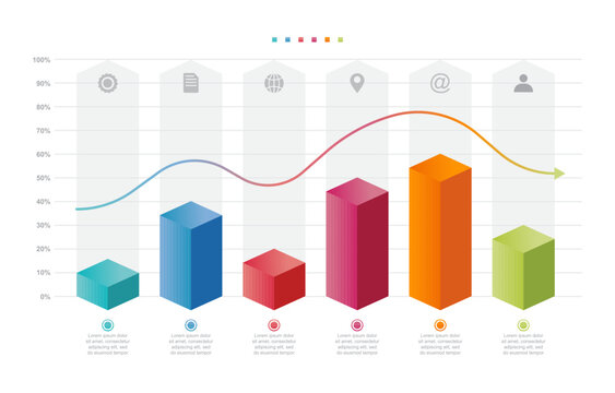 Vector EPS 3D isometric bar chart infographic template featuring colourful progress columns, percentage grid lines, trend line arrow, and icons