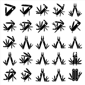 Set of multi-tool pocket knife and pliers icons showcasing various blades and implements with multitool icons pliers icon multitool equipment hardware maintenance survival implement collection