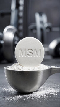 A scoop filled with white MSM supplement powder is shown in focus. Gym equipment is visible in the background, indicating a fitness environment where supplements are used for workout