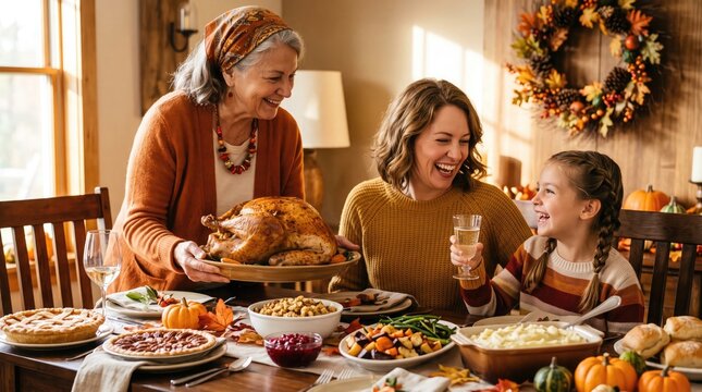 Warm family gathering carving a roasted turkey during a festive autumn thanksgiving dinner celebration
