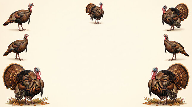 Set of wild turkey birds standing in different poses for thanksgiving design elements