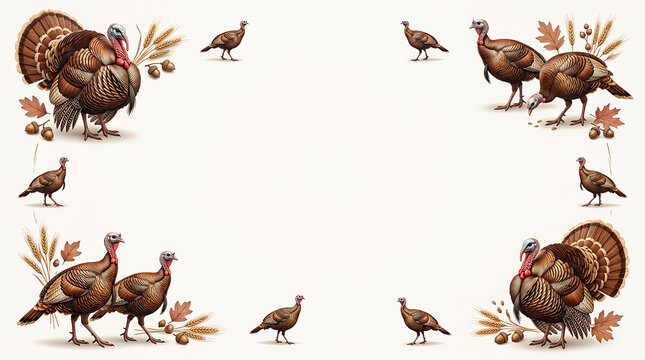 Thanksgiving border frame with illustration of wild turkeys and autumn leaves