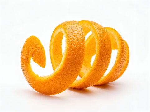 A long spiral of fresh orange peel isolated on a white background.