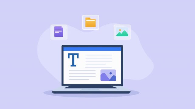 Animated video showing a laptop with a digital document interface, surrounded by file, folder, and image icons on a soft purple background.