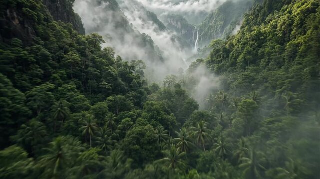 Aerial cinematic landscape of misty tropical rainforest valley waterfall, lush forest foliage and palm trees creating dramatic natural background of tranquil remote wilderness and mountain beauty