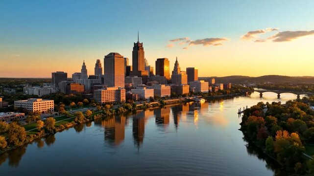 Aerial view of a vibrant cityscape reflecting in the tranquil river at sunrise, showcasing a picturesque urban scene.