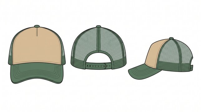 Trucker Cap Vector Template Mockup with Front Back and Side View in Green and Beige Colors