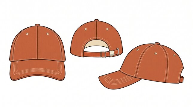 Blank Orange Baseball Cap Vector Template with Front Back and Side Views for Fashion Design