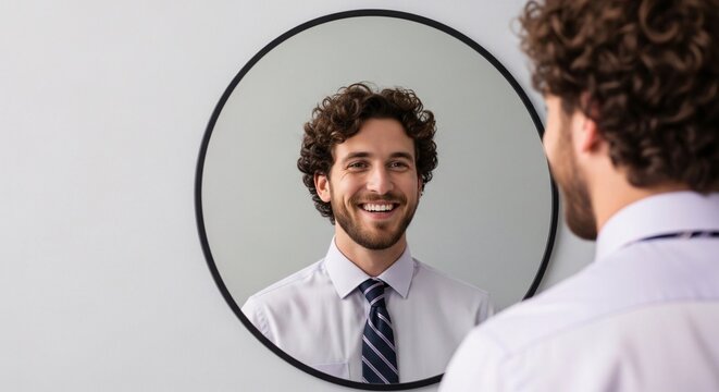 Happy young man looking at himself in a round mirror with a cheerful expression and curly hair wearing a formal shirt and tie in a bright modern room