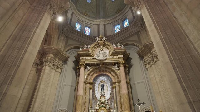 Sameiro Sanctuary altar with Virgin Mary statue under stained glass dome Braga Portugal