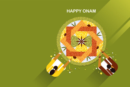 Onam celebration featuring a traditional floral design and women in traditional Kerala attire, festive vector illustration with space for greeting text