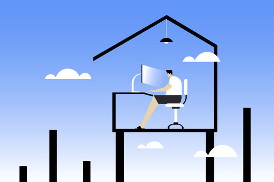 An open-air home office built in the sky, where a person works at a desk surrounded by clouds, conceptual vector illustration