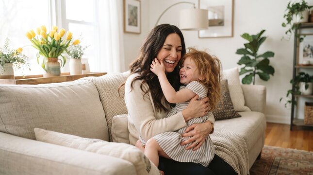 Loving mother holding her baby daughter on a comfortable sofa in a bright living room