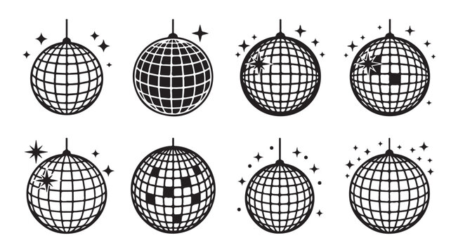 Retro disco ball icons set, black sparkling mirror ball vector illustrations, 8 vintage party dance floor elements for club events