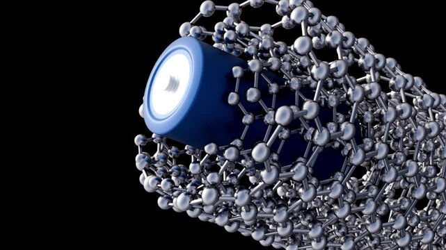 A 3d metallic blue battery cell encapsulated inside a multiwall carbon nanotube lattice spins continuously against a black background, showcasing nanotech energy storage.