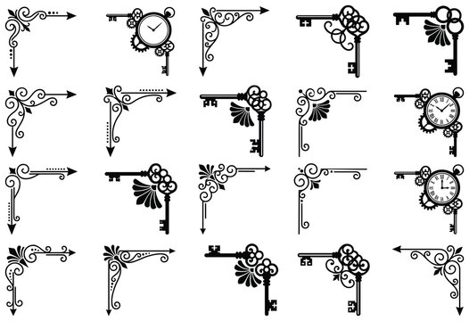 Vintage clock and key corner borders featuring intricate mechanical and antique aesthetics.