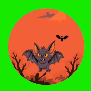 Angry Bat with Full Moon, Spooky Halloween Night Cartoon Illustration
